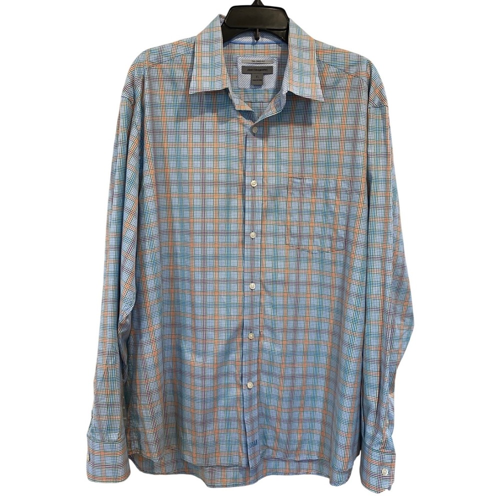 Johnston & Murphy Mens XL Tailored Fit Plaid Houndstooth Button Down Shirt Blue